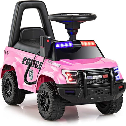 OLAKIDS Ride On Push Police Car, Toddler Foot-to-Floor Sliding Toy with Siren, Steering Wheel, Megaphone, Horn, Headlights, Under Seat Storage, Kids Racer Walking Gift for Boys Girls 1-3 (Pink)