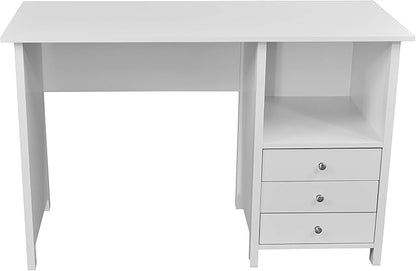 Techni Mobili White Desk with Drawers - Small Office Desk with 3 Cabinet Drawers, Open Shelf, & Laminated Wooden Panels Office & Study Table for Bedroom & Workstations