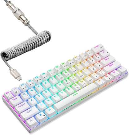 RK ROYAL KLUDGE RK61 Wireless Mechanical Keyboard, 60% Percent RGB, White | Hot Swappable Gaming Keyboard with Bluetooth/2.4G/USB, 61 Keys Ultra-Compact for Win/Mac/PC, Coiled Cable, Linear Red Switch