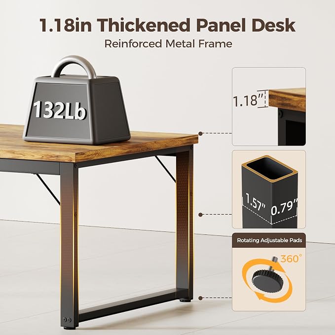 Mericonia 54 Inch Computer Desk with Power Outlets, 1.2" Thick Office Table | Modern Simple Style, Heavy Duty Industrial Frame, Study & Writing Table for Home Bedroom Work, Brown