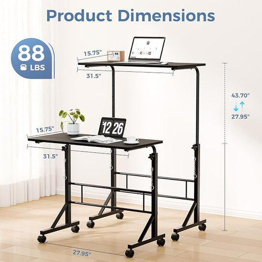 DUMOS 31.5" Walking Pad Desk, Laptop Desk, Home Office | Lockable Wheels, Adjustable Height, Portable Rolling Design, Treadmill Use, Stand Up Style, Black