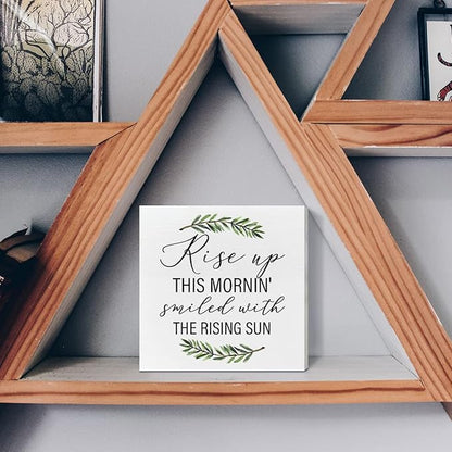 Home Office Desk Wooden Box Sign Decor, Rise Up This Mornin' Smiled with The Rising Sun, Inspirational Quotes Desk Decor Motivational Desk Decorations for Women Men Student Office Classroom School