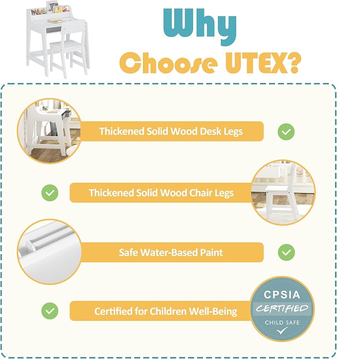 UTEX Wooden Kids Desk and Chair Set with 2 Fabrics Drawers for Study Room | Kids Study Desk with Stand-up Organizer, Water-based Paint, Student Writing Desk for Bedroom