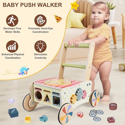 Wooden Baby Walker with Wheels, Montessori Kitchen Walking Toys, Pretend Play Grocery Toys, Sorting and Stacking Toys for Infants and Toddlers, Push and Pull Learning Activity Walkers