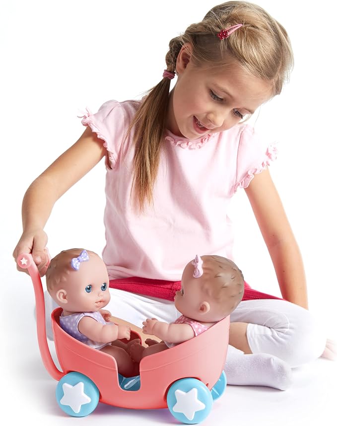 Lil Cutesies TWIN 8.5" All Vinyl Dolls and Stroller Set | Posable and Washable | Removable Outfits |Twin Stroller and Accessory | JC Toys | Ages 2+ , Green