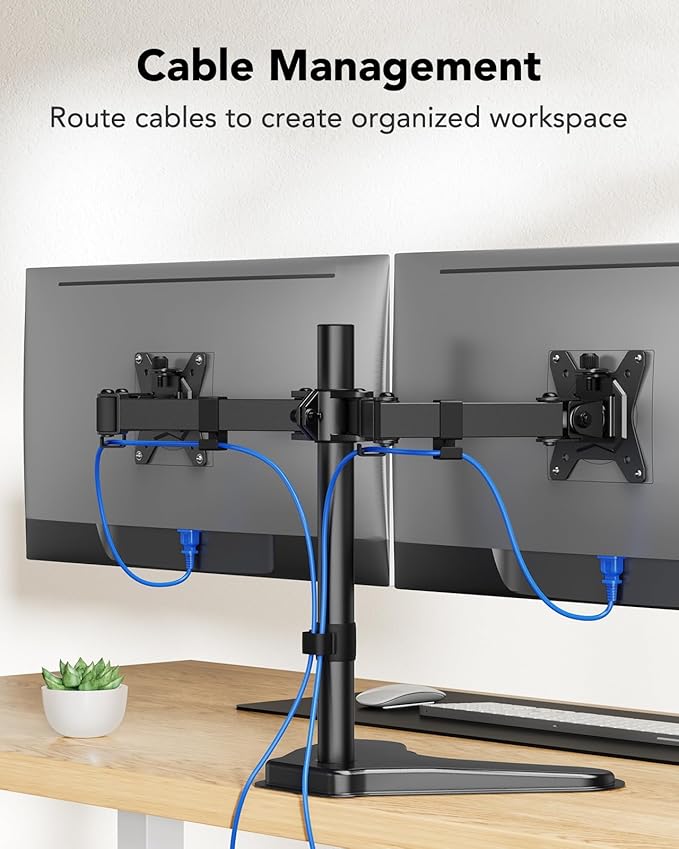 HUANUO 32 inches Dual Monitor Stand up to 17.6lbs per Arm, High-Grade Aluminum Free Standing Dual Monitors Mount for 2 Screens. Fully Adjustable Dual Monitor Stand for Desk with Tilt, Swivel, Rotation