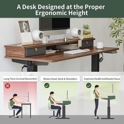 FEZIBO 55 x 24 Inch Height Adjustable Electric Standing Desk with Double Drawer, Stand Up Desk with Storage Shelf, Sit Stand Desk, Blcak Walnut