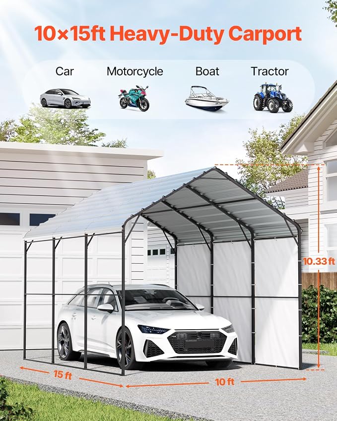 VEVOR Heavy Duty Metal Carport, 10' x 15' Outdoor Carport with Galvanized Steel Frame & Roof, Car Tent Garage Shade with Removable Sidewalls, Multi-Use Car Shelter for Pickup, Boat, Car & Tractors