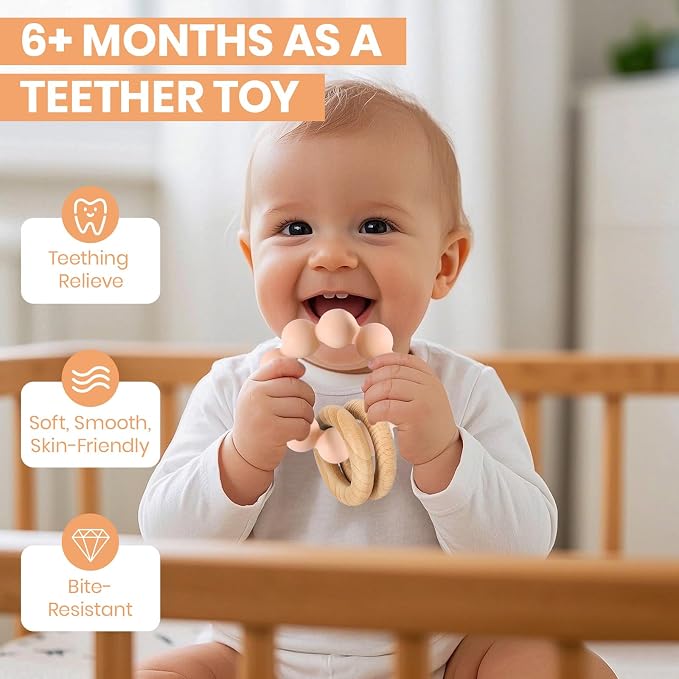 Socub Baby Teething Toys for 0-6 6-12 Months- BPA-Free Food-Grade Silicone & Natural Beech Wood Teether Ring for Newborn Infants Teething Relief- Easy-Grip Sensory Rattle Toys(Blush)