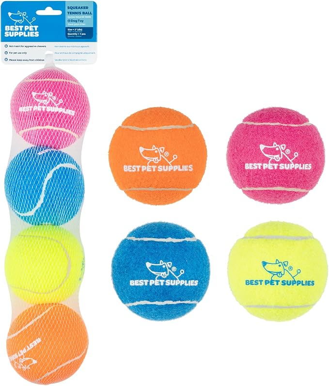 Best Pet Supplies Interactive Squeaky Dog Chew Toy, Ideal Dog Toys for Chewers, Small, Medium & Large Dogs, and Fetch Lovers - Tennis (Assorted Color), Large (Pack of 4)