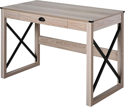 HOMCOM 44 inch Home Office Computer Desk, Rustic Writing Desk, Farmhouse Workstation with Storage Drawer, X-Frame