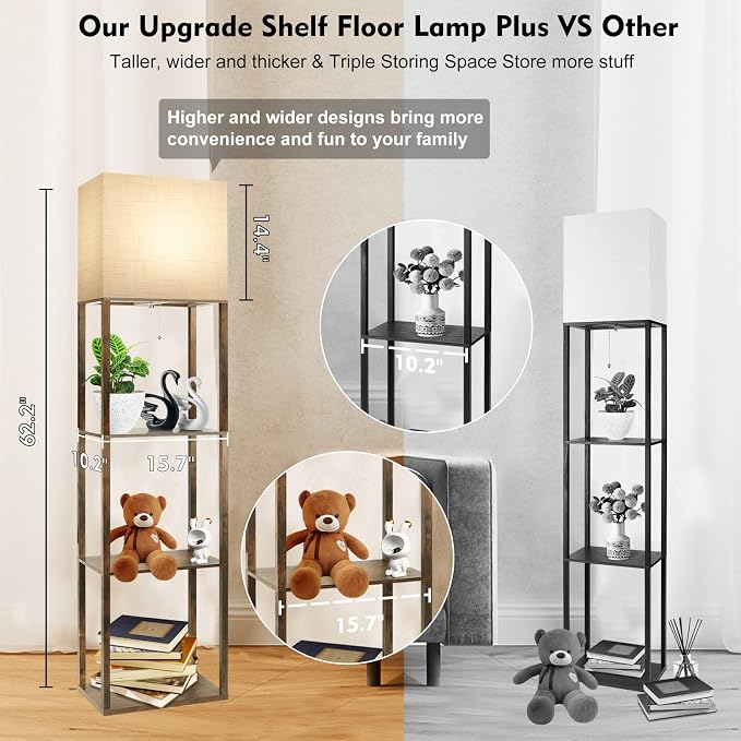 RUNTOP Plus Floor Lamp with Shelves, Modern Shelf Floor Lamp with 15W 3CCT LED Bulb and Memory Function, Wide Shelf Lamp for Display Storage, Standing Lamps for Living Room, Bedroom, Office, Corner