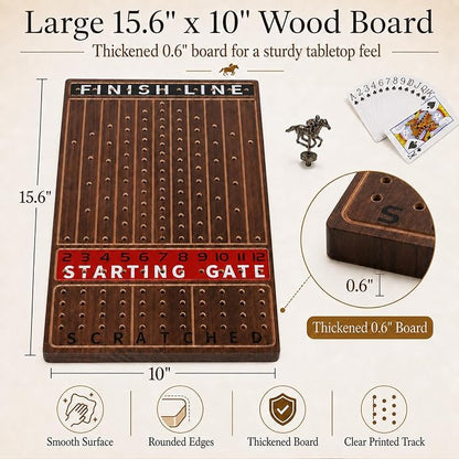 Jyquorp Horse Race Board Game Wooden Kentucky Derby Party Game Set with 11 Metal Horses, 2 Dice & 2 Card Decks, Large Solid Wood Horse Racing Board Game for Family & Adults (15.6" x 10")