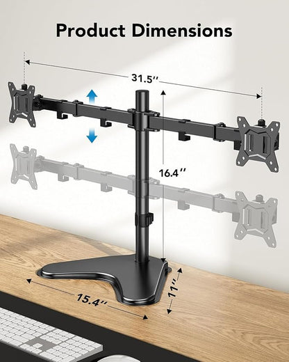 HUANUO 32 inches Dual Monitor Stand up to 17.6lbs per Arm, High-Grade Aluminum Free Standing Dual Monitors Mount for 2 Screens. Fully Adjustable Dual Monitor Stand for Desk with Tilt, Swivel, Rotation