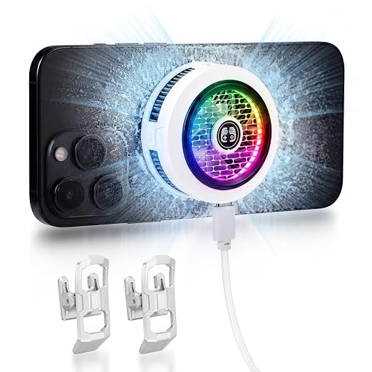 Phone Cooler for Gaming, Low Noise USB Cell Phone Cooler with Smart Temp Control, Phone Cooling Fan with RGB LED Lights, Magnetic Ring & Clip Fan for Phone Gaming & Streaming (White)