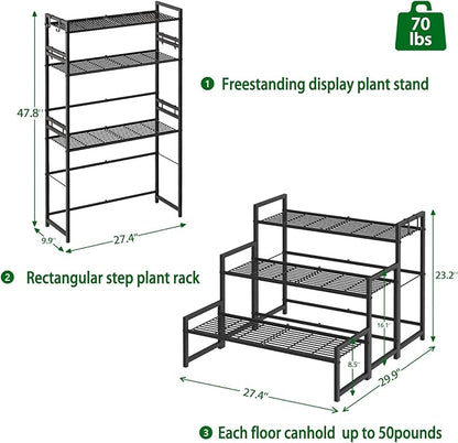 Garden 4 you 3 Tier Metal Plant Stand Outdoor Indoor Waterproof, Stackable Heavy Duty Tall Plant Shelf Flower Pot Holder for Garden, Display Rack, Black