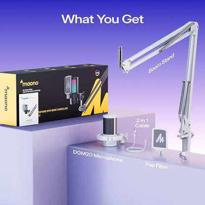 MAONO DGM20S USB Microphone for PC with Clear Voice & Noise Reduction | RGB Lighting, Tap-to-Mute, Gain Control, Monitoring and Boom Arm for Discord Gaming, Streaming, Content Creation.White