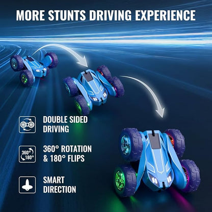 MaxTronic Fast Direct Charging Remote Control Car with LED，Exclusive Dual USB-C Charging for Car & Controller - 2.4Ghz 15km/h 360° Flips Rotations 4WD RC Stunt Car Fully Rechargeable for Kids 3-12