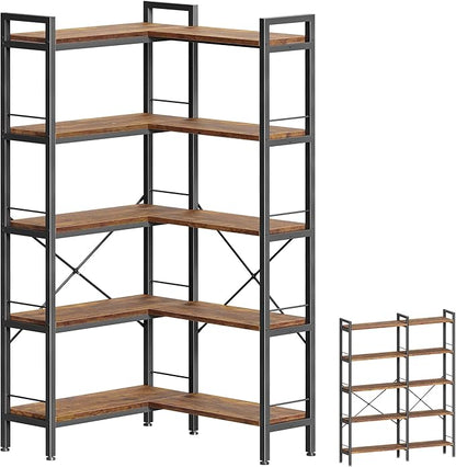 Huuger 5 Tier Bookshelf, L Shaped Corner Bookshelf with 10 Open Shelves, 49.4 Inch Straight Wide Bookcase with Metal Frame and Wooden Board, Adjustable Feet, Rustic Brown