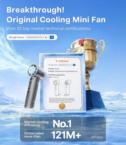 TORRAS COOLiFY iva Handheld Fan with Ice Cooler, [Chill by 50°F], 0-100 Adjustable Speed, Super Mini Powerful Portable Fan 4900mAh Rechargeable, Hand Fans for Travel Essentials,Charcoal
