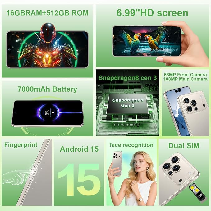 17 PMAX Unlocked Cell Phone,16GB+512GB Smartphone,6.99" HD Screen Android 15 5G Phones,Battery 7000mAh Android The Phone,Fingerprint Button Unlock/GPS/Face ID/Dual SIM/5G (Gray)