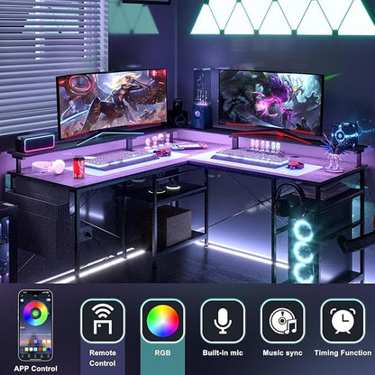 55 inch Gaming Desk with LED Lights, Computer Desk with Power Outlets, Monitor Stand, Storage Shelf, Headphone Hook, Home Office Desk Corner Desk
