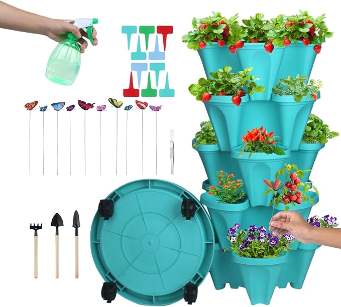 DUNCHATY Stackable Planter, Teal, 6 Tier Garden Tower, Self Watering, Indoor/Outdoor, with Garen Tool Set