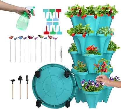 DUNCHATY Stackable Planter, Teal, 6 Tier Garden Tower, Self Watering, Indoor/Outdoor, with Garen Tool Set