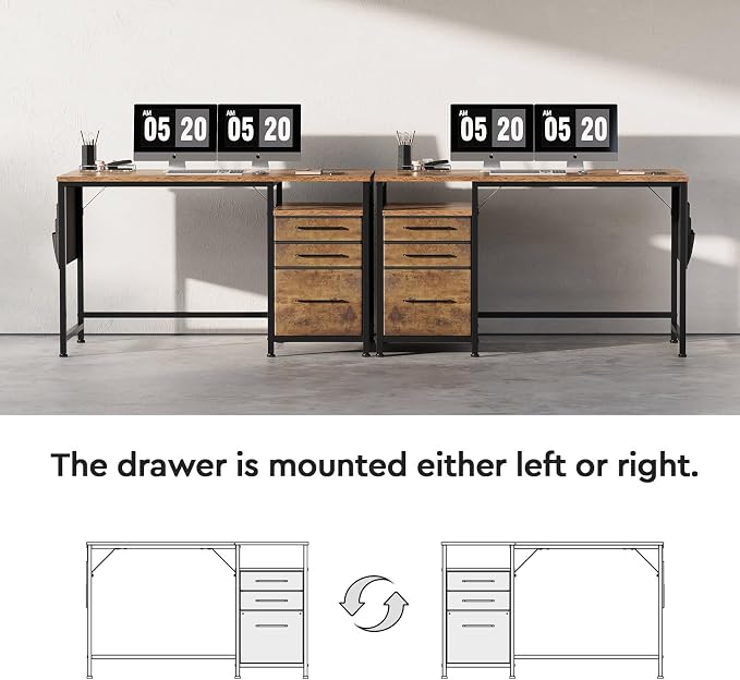 Maihail Small Desk with Drawers, Office Desk with Storage Shelves, Brown2 | 47 Inch Desktop, Metal Frame, 3 Fabric Drawers, Storage Shelves, Computer & Writing Desk, Office Gaming Workstation