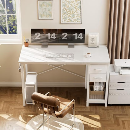 Sweetcrispy 40-Inch Computer Desk with Drawers, Office Desk, White | Small Desk for Bedroom Home Office with Side Hook, Modern Simple desk with storage for Writing