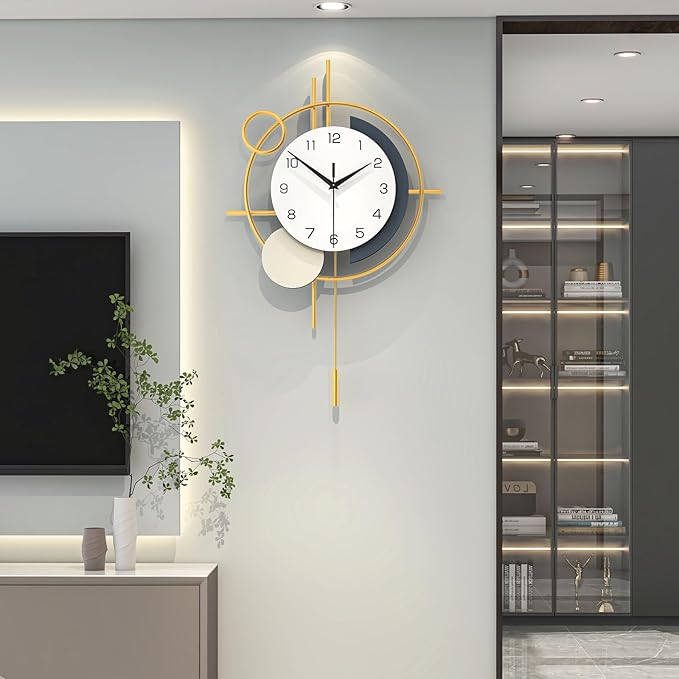 Large Wall Clocks for Living Room Decor Modern Wall Clock Battery Operated Silent Non-Ticking for Bedroom Office Kitchen Home Decoration Gold Metal Unique Wall Watch Clock 17.7x27.3in