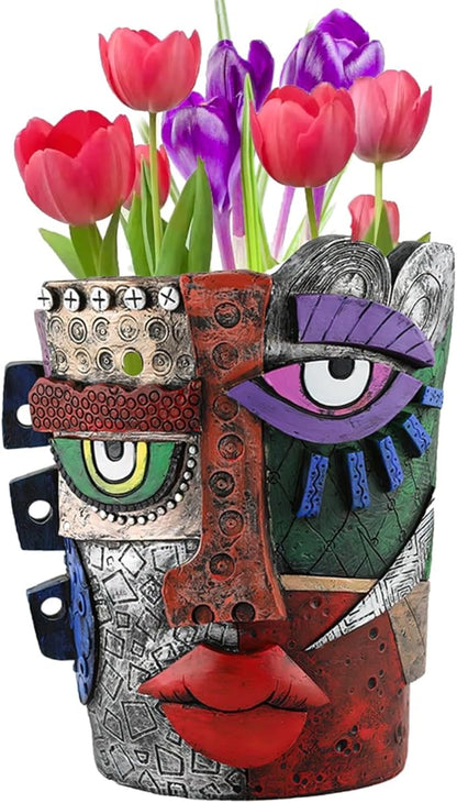 TOZLU Picasso Brutalist Beauty Face Flower Pot - Head Planter with Colorful Face Art - Resin & Flower (Stare Flower Pot)