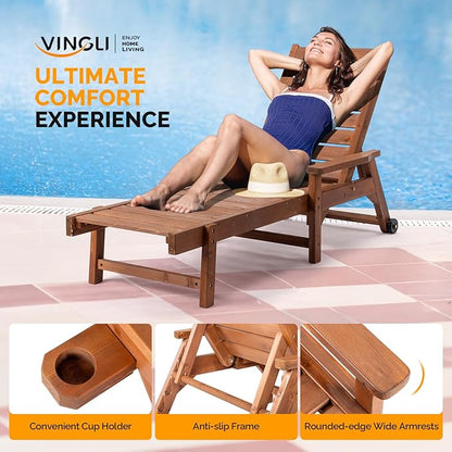 VINGLI Outdoor Chaise Lounge Chair, Wooden Patio Lounger Chair with Adjustable Backrest, Pool Chaise Lounge with Cup Holder & Wheels for Sunbathing Poolside Beach, Brown