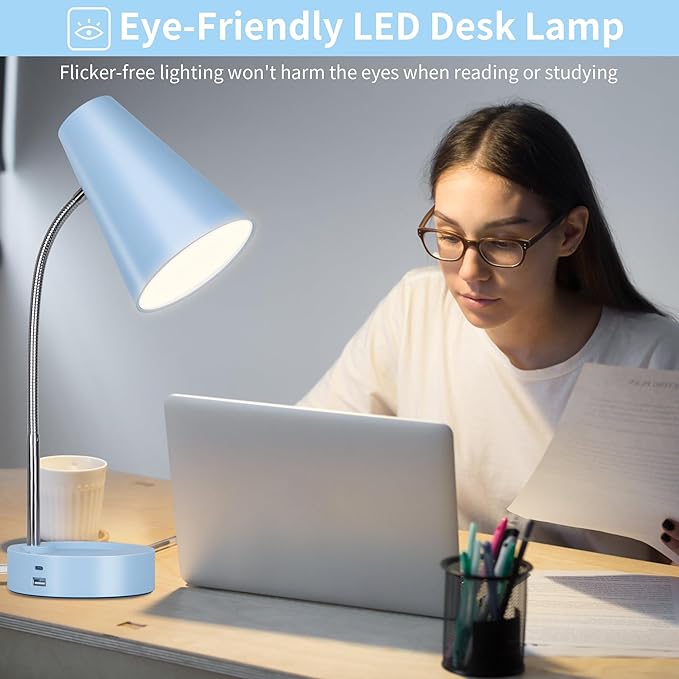 RUNTOP Metal Desk Lamp, Eye-Caring Table Lamp, Study Lamps with Flexible Goose Neck for Bedroom and Office, Desk lamp with USB, 5 Color Temperatures, 5 Brightness Levels (Blue)