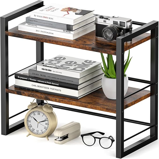 Office Desk Shelf Organizer, Wood Desktop Bookshelf Supplies Storage Rack, Shelf for Top of Desk and Dresser (Brown-2 Tier)