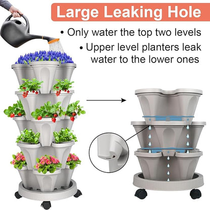 GameXcel Vertical Planter 5 Tier Stackable Planters Garden Planters Strawberry Herb Flower and Vegetable Planter Indoor Outdoor Gardening Pots with Removable Wheels and Tools - Gray