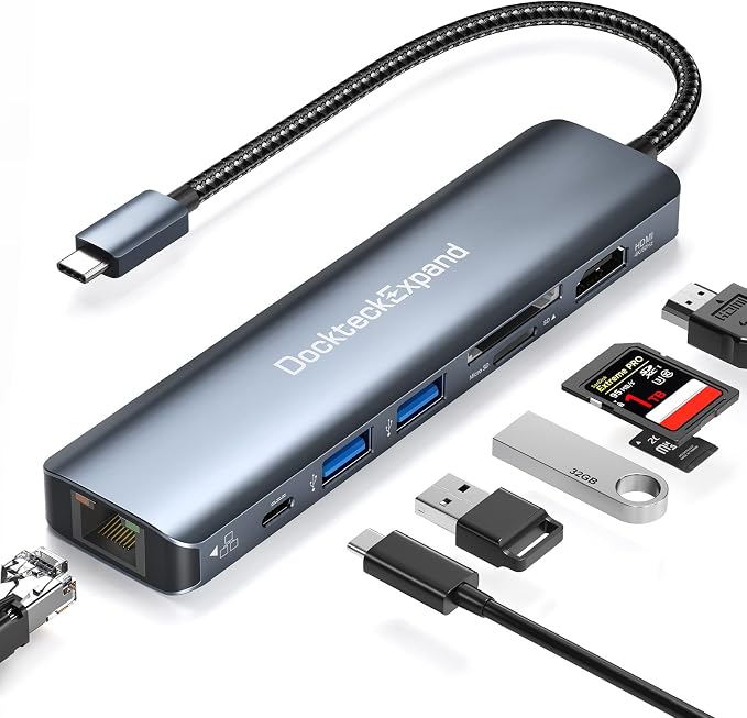 USB C Hub Ethernet, DockteckExpand 7-in-1 Multiport Adapter Type C to 4K@60Hz HDMI, Gigabit Ethernet, 100W PD Charging, 2 USB 3.0, SD/TF Card Readers, for MacBook Pro/Air, iPad Pro/Air, XPS and More