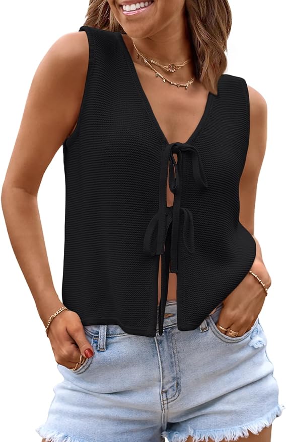 LILLUSORY Womens Tie Front Tops Vacation Sweater Vest | Bohemian Style, Beach Resort Wear, Concert Western Outfits, Crochet Tops, Vacation Outfits, Cute Y2k Sleeveless 2026