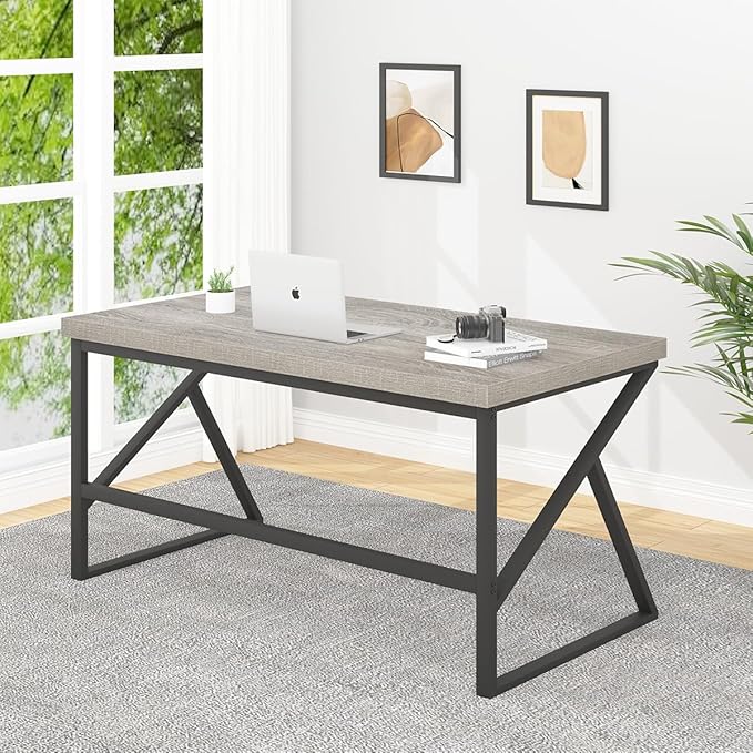 HSH Large Computer Desk, Industrial Metal Wood Gray Home Office Desk, Modern Long Work Study Writing Gaming Table, Student Simple PC Laptop Desk for Bedroom Living Room, Light Grey Oak, 60 Inch