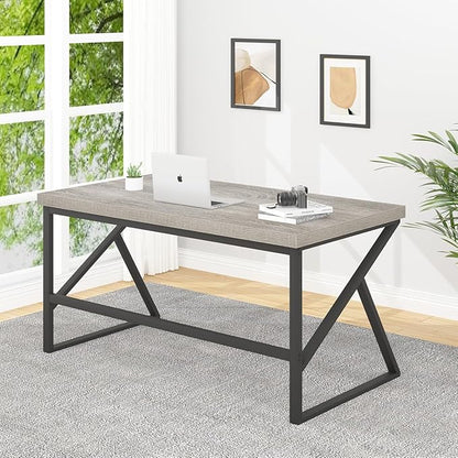 HSH Large Computer Desk, Industrial Metal Wood Gray Home Office Desk, Modern Long Work Study Writing Gaming Table, Student Simple PC Laptop Desk for Bedroom Living Room, Light Grey Oak, 60 Inch