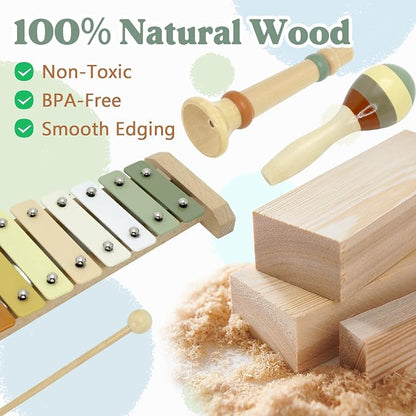 Baby Musical Instruments Montessori Wooden Toys for Toddlers, Neutral Colors Percussion Instruments Set, Modern Boho Xylophone Tambourin