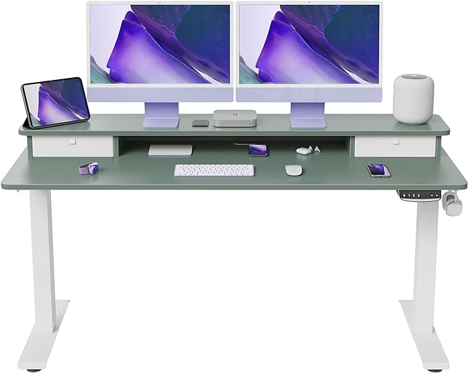 FEZIBO 60 x 24 Inch Height Adjustable Electric Standing Desk with Double Drawer, Stand Up Desk with Storage Shelf, Sit Stand Desk, Green