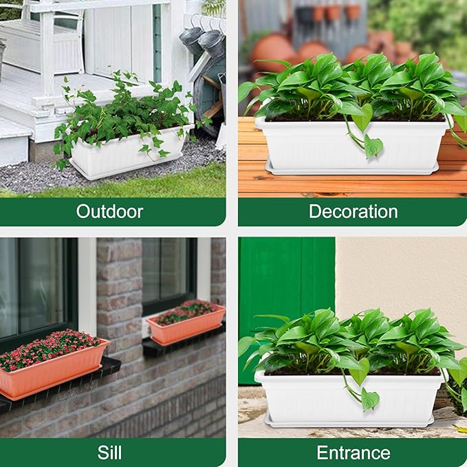 GROWNEER 3 Packs 17 Inches White Flower Window Box Plastic Vegetable Planters Long Pots with 15 Pcs Plant Labels for Outdoor Indoor Windowsill Patio Garden Home Decor Porch