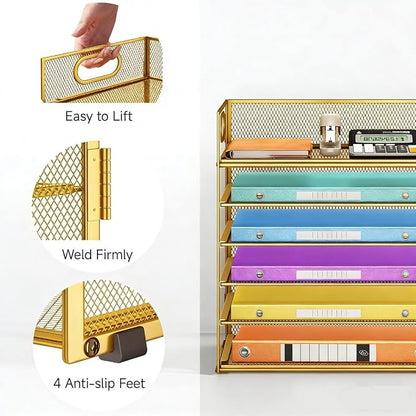 6 Tiers Letter Tray Paper Organizer with Handle, Mesh Desk File Organizer, Metal Desktop Document Shelf Organization, Paper Sorter Organizer for Office, Home or School File Folder Holder (Gold)