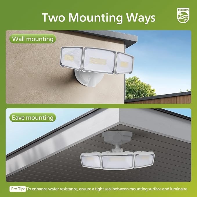 Philips 72W 7400LM LED Flood Lights Outdoor, Switch Controlled Aluminum Security Lights, 3 Adjustable Heads, Wall Mount, 5000K Daylight, Waterproof for Yard, Garage
