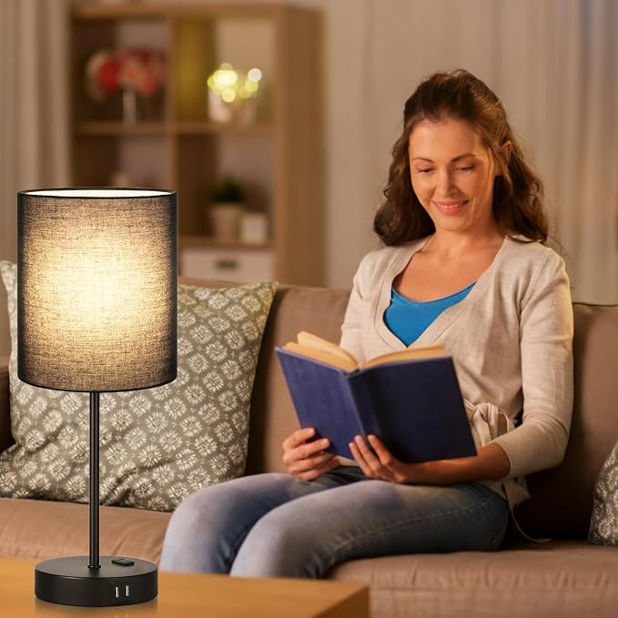 Lynnoland 2 Pack Touch Control Table Lamps with 2 USB & AC Outlet, 3-Way Dimmable Bedside Nightstand Lamps for Bedroom Living Room Nursery, 800 Lumens 3000K Warmlight Bulbs Included