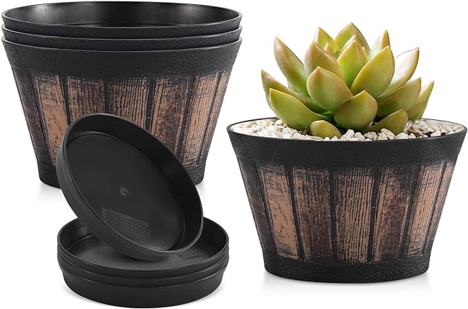 Quarut 6 inch Brown Barrel Planters with Drainage Holes & Saucer, Set of 4, Indoor & Outdoor Garden Home Plants