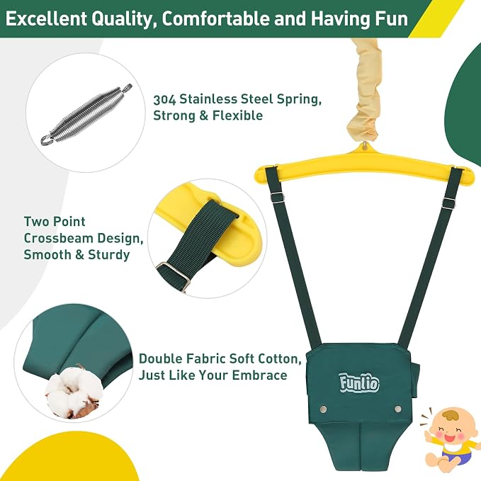 FUNLIO Baby Jumper with Stand for 6-24 Months, Infant Jumper for Indoor/Outdoor Play, Toddler Bouncer for Baby Girl/Boy, with Adjustable Chain, Easy to Assemble & Store (with Stand) - Green