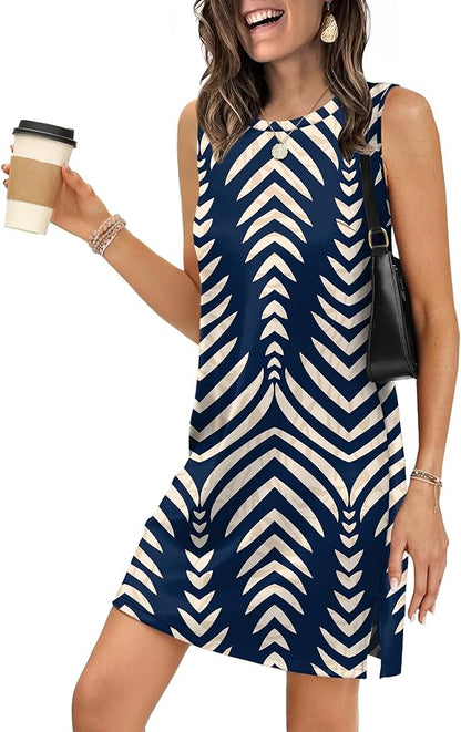 WIHOLL Casual Dresses for Women Crewneck Sleeveless Tank Dress Summer Spring Boho Vacation Clothes