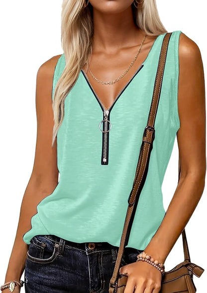 Halife Womens Half Zip V Neck Tank Tops Summer Sleeveless Shirts Casual Loose Top Blouses T Shirts